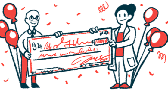Cartoon of a man and woman holding a check together with baloons and confetti.